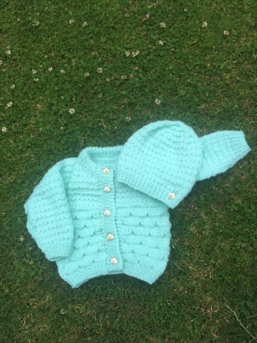 Mint cardigan & matching bonnet 