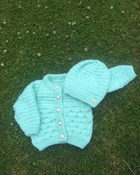 Mint cardigan & matching bonnet 