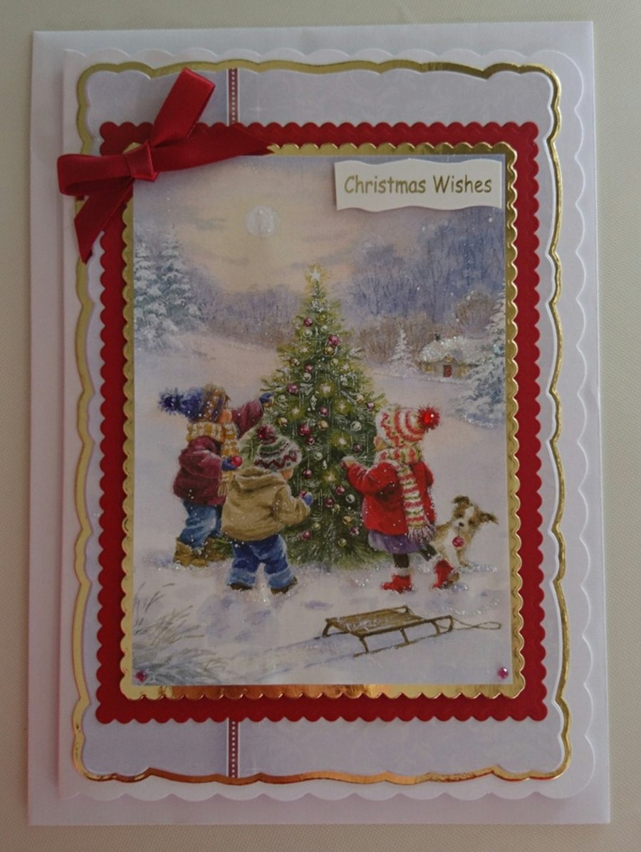 Handmade Christmas Card Children Decorating the Christmas Tree