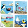 Greetings Cards (Pack of 5) - Seaside Puffin, Whale, Seagull, Highland Cow, Boat