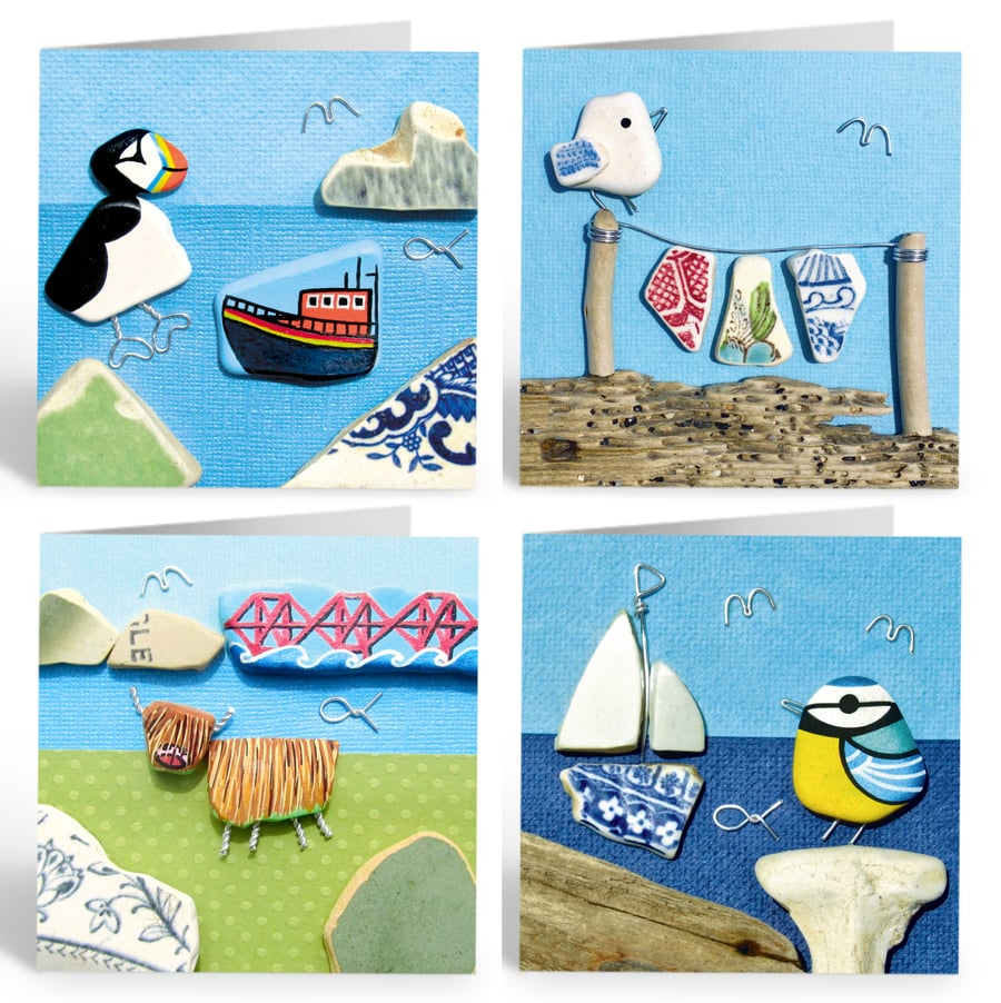Greetings Cards (Pack of 4) Pebble Art. Puffin, Seagull, Highland Cow & Blue Tit