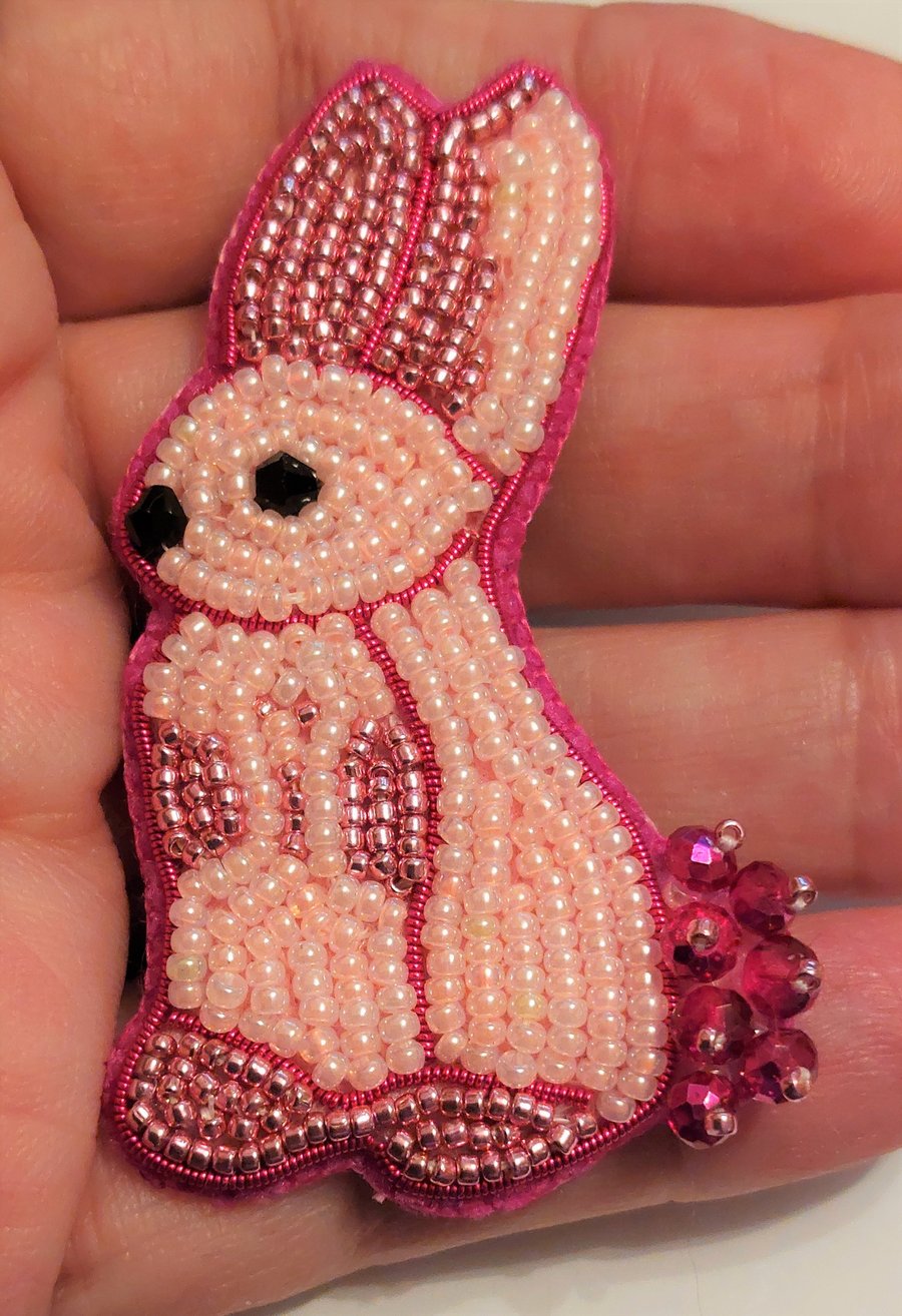 Bead Embroidered Brooch, Pink Rabbit