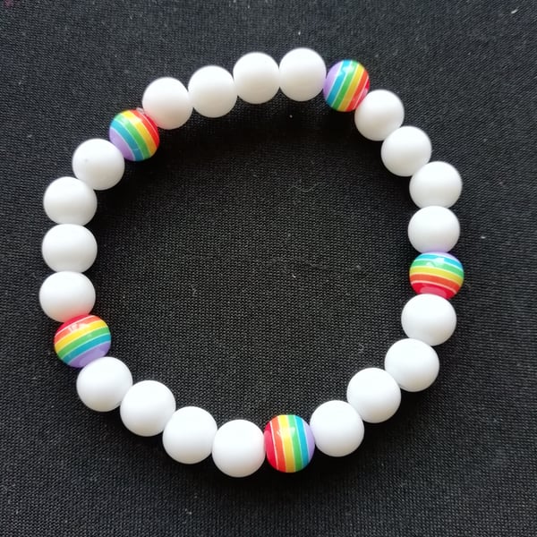 White Acrylic Beaded Bracelet with Rainbow Resin Bead