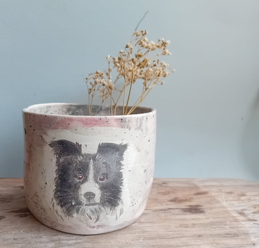 Border collie thumb dimple cup, hand painted earthenware ceramic wood fired,