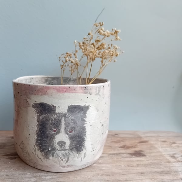 Border collie thumb dimple cup, hand painted earthenware ceramic wood fired,