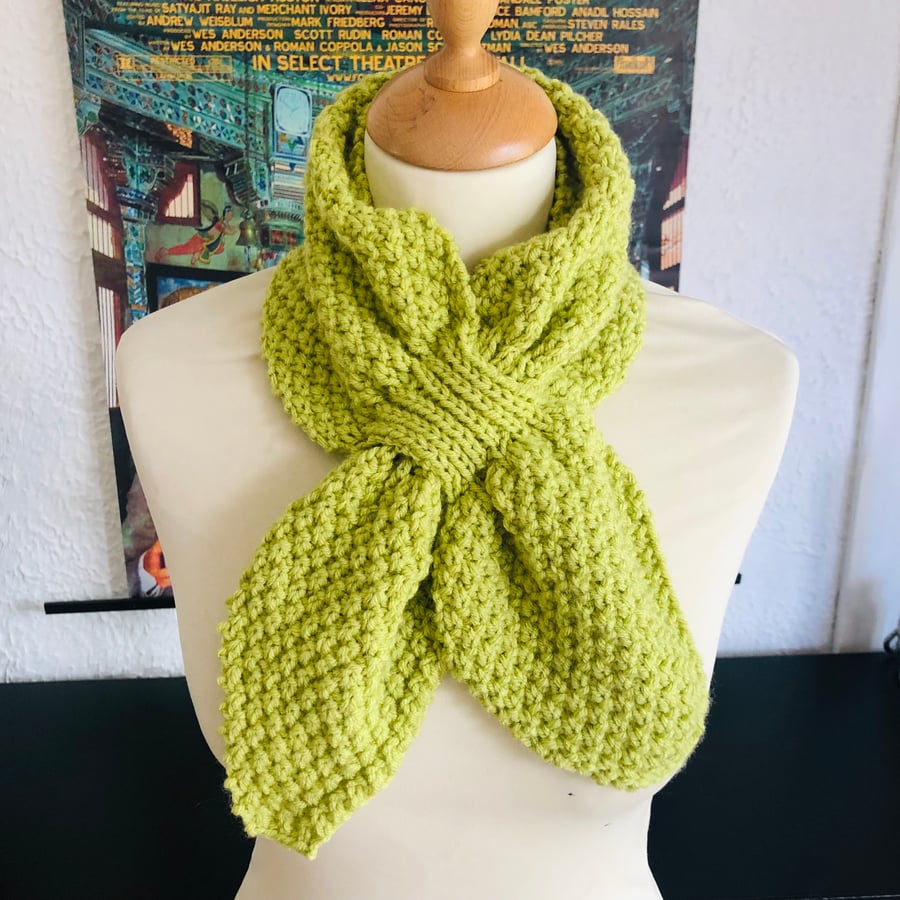 Handcrafted Knit Pistachio Green Tippet Scarf Miss Marple Bow Scarf