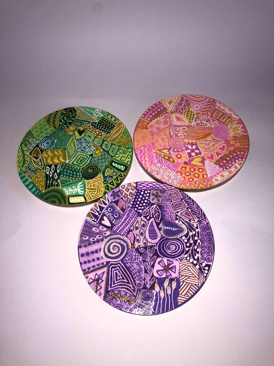 3 up cycled hand painted coasters