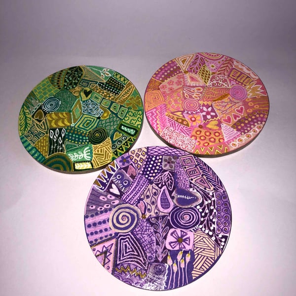 3 up cycled hand painted coasters
