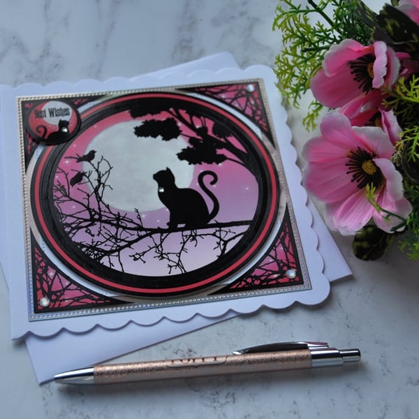 Black Cat Birthday Card Silhouette Cat Birds Moon Tree Best Wishes 3D Luxury