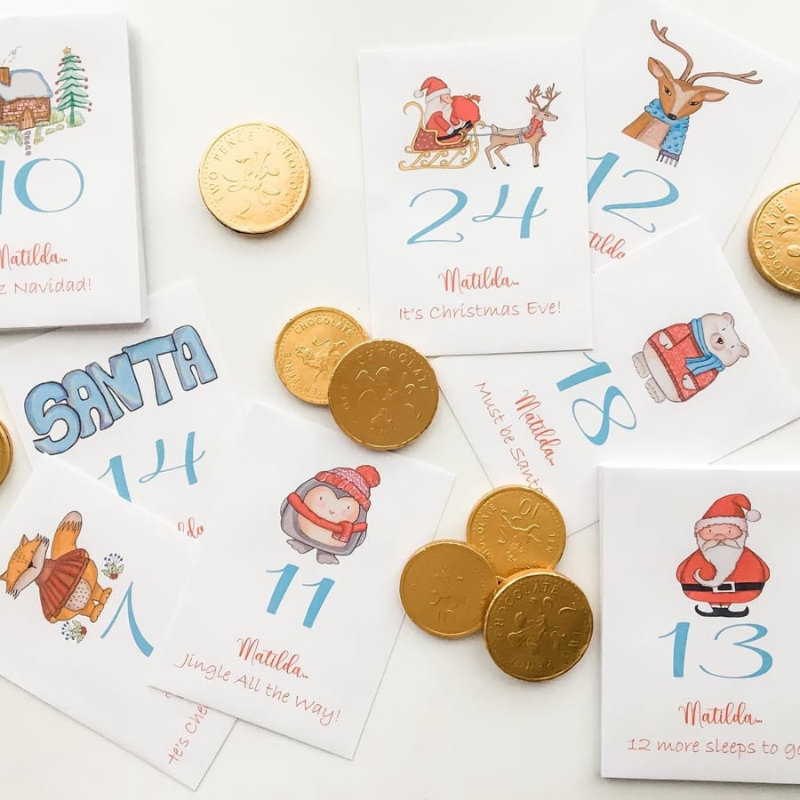 24 Personalised Advent Calendar Envelopes in Cute Vintage Christmas Designs