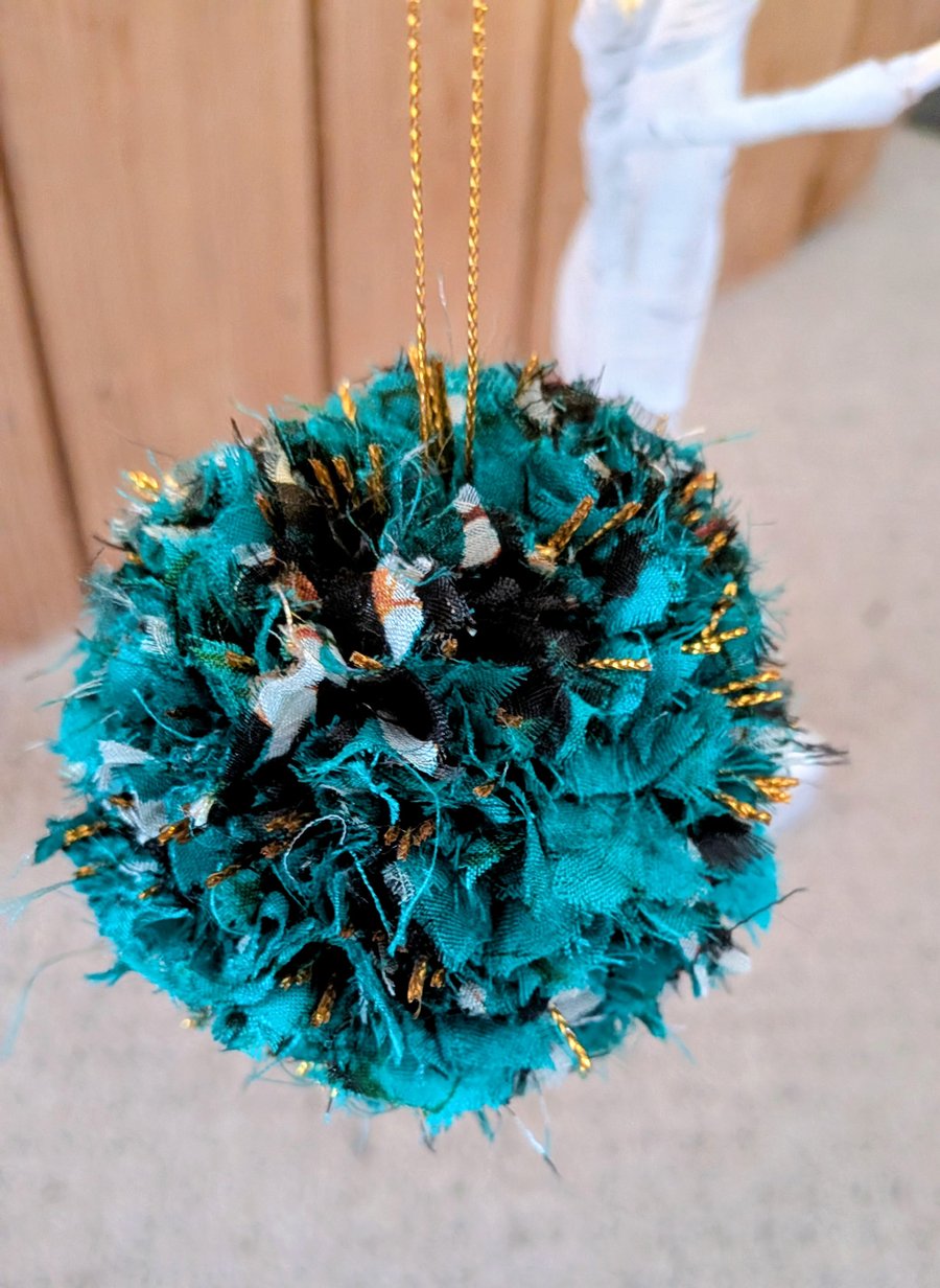 Sari pom pom Christmas tree decorations - green and gold