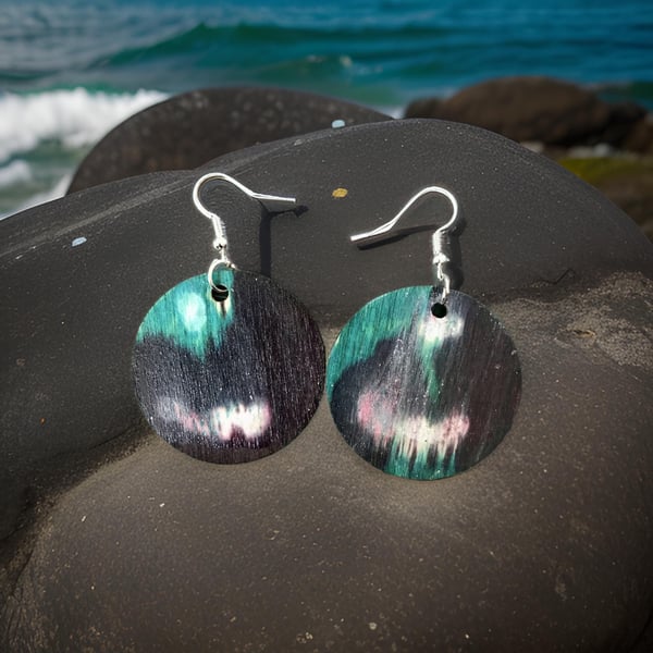 Earrings - Boho style, Dangle, Alcohol Ink on Wood - Silver Plated, Freepost