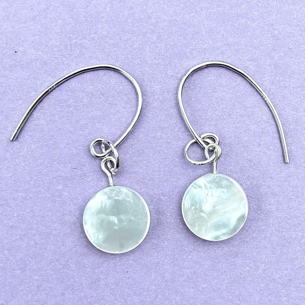 Round Disc Mother of Pearl and Sterling Silver Earrings