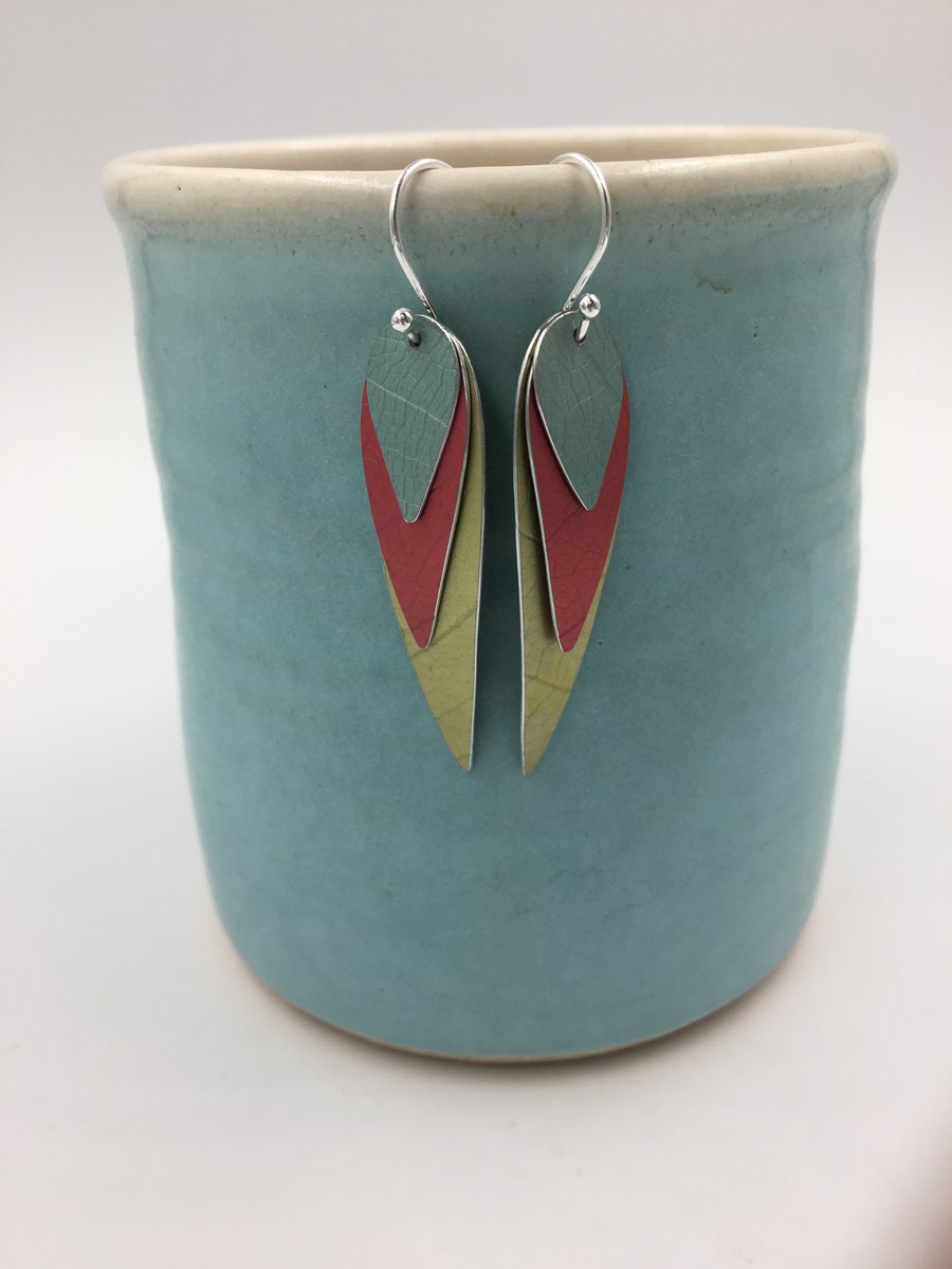 3 colour anodised aluminium parrot wing earrings 