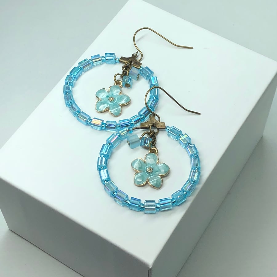 Blue flower hoop earrings 