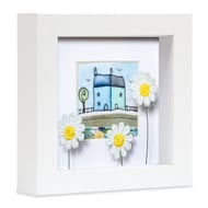 Little blue houses with daisies textile art, gift