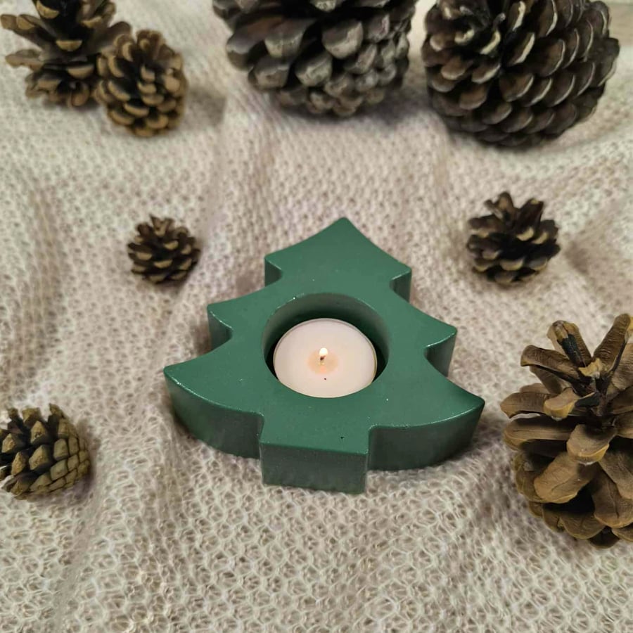 Forest green concrete tree candle holder, Christmas tree tea light holder, 