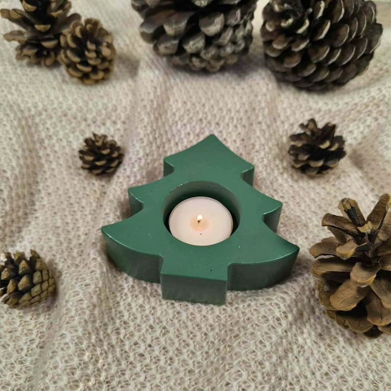 Forest green concrete tree candle holder, Christmas tree tea light holder, 