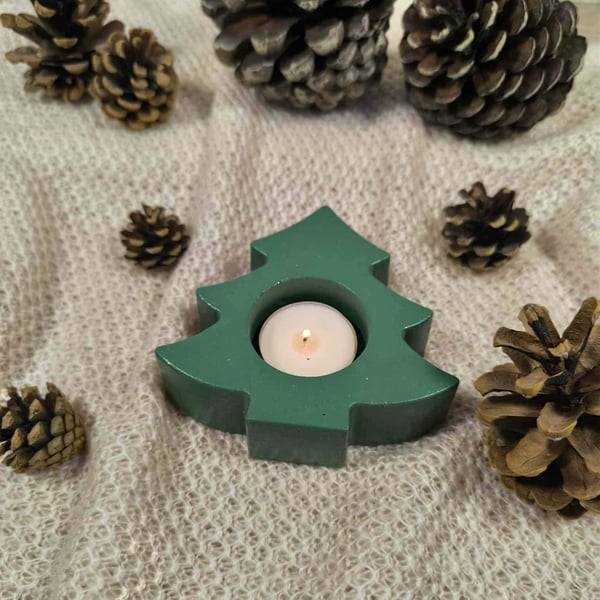 Forest green concrete tree candle holder, Christmas tree tea light holder, 