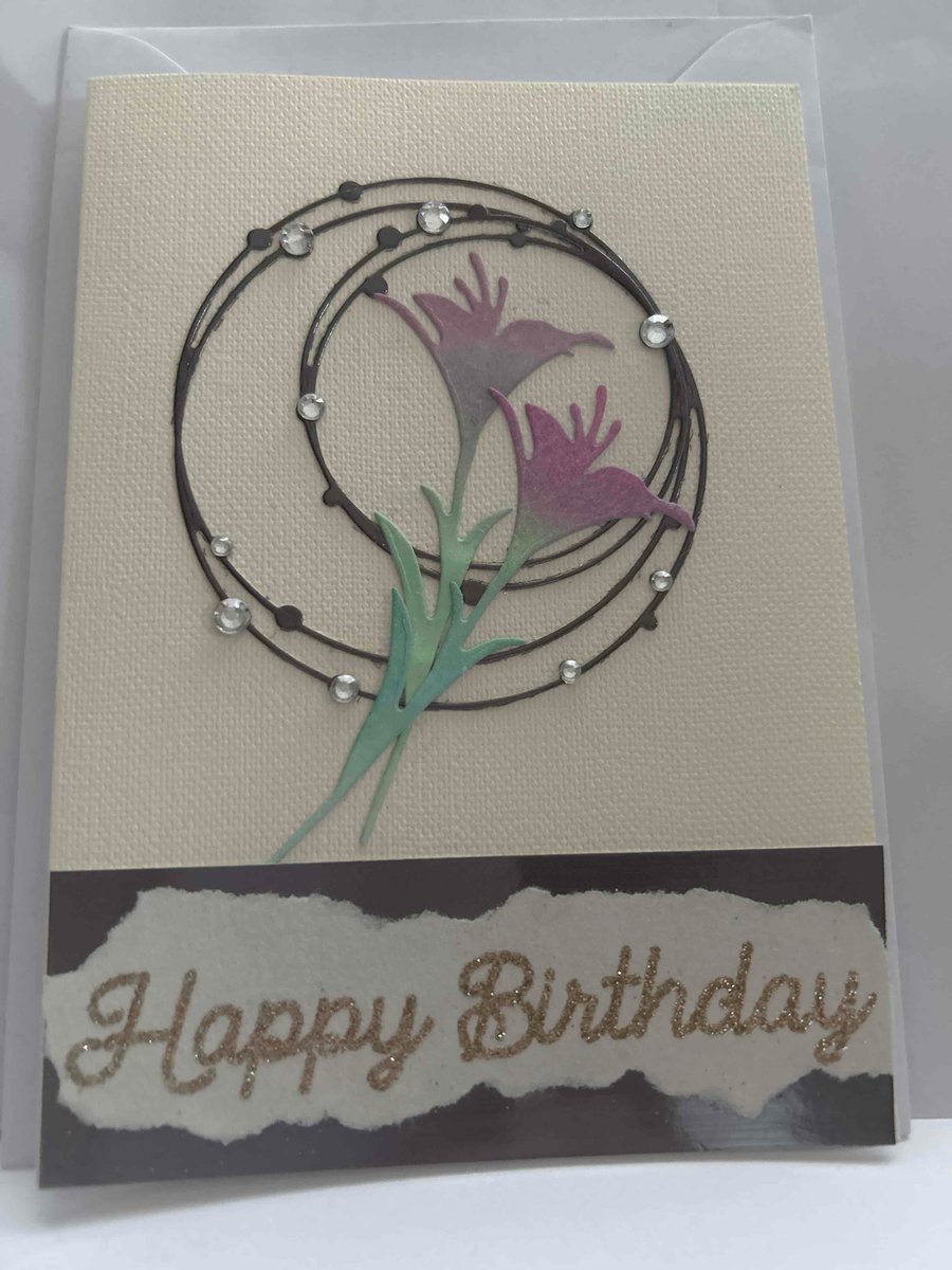 Handcrafted feminine birthday card rhinestones flowers sparkling 