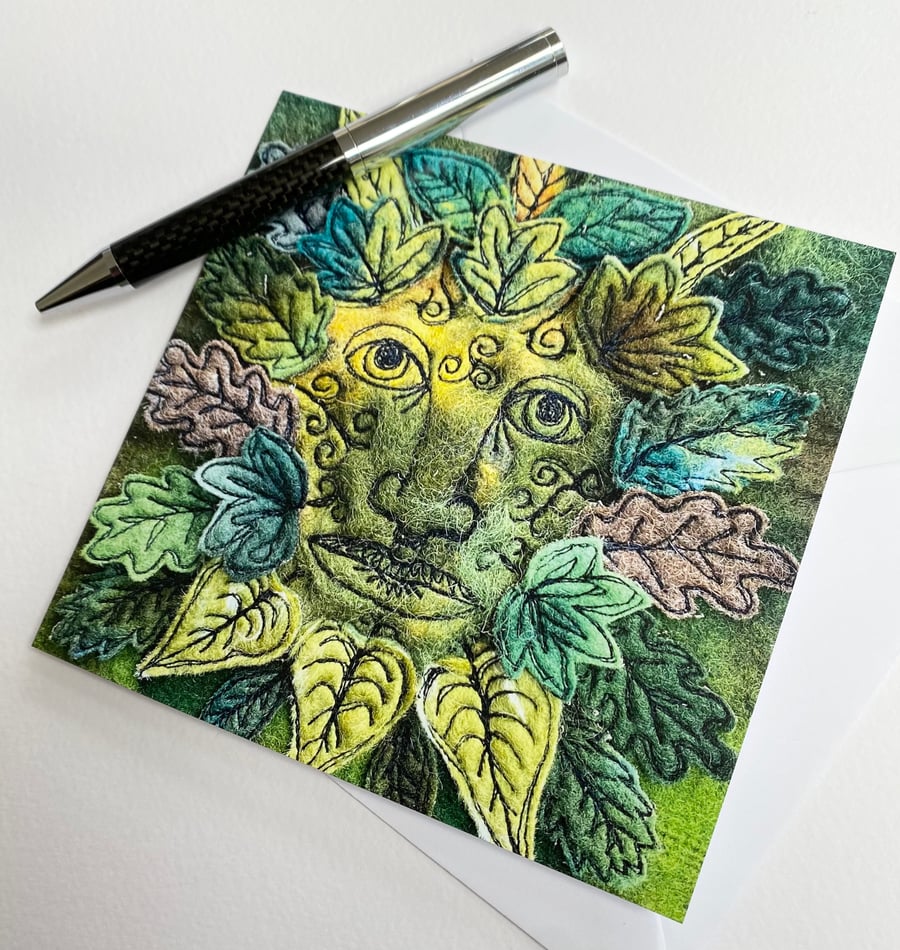 The Green Man printed card. Leaves. Folklore pagan card. 
