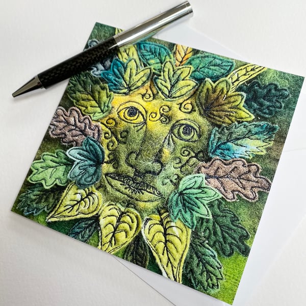The Green Man printed card. Leaves. 