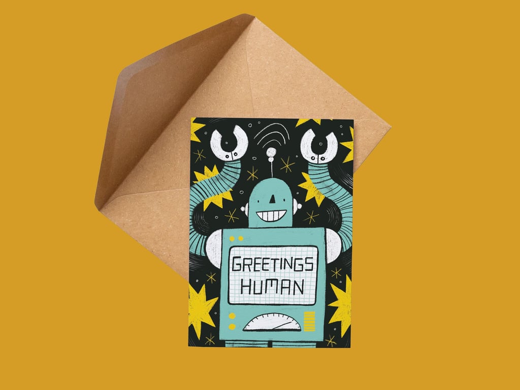 Robot Greetings Card: Retro Style Sci-Fi Illustrated Card