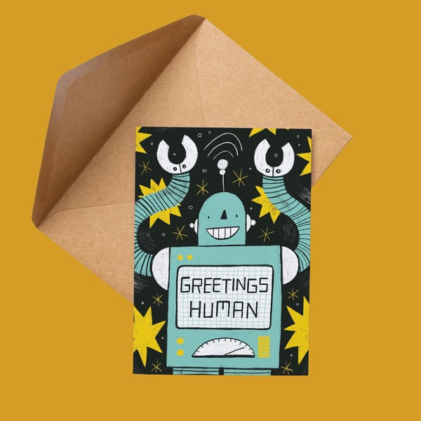 Robot Greetings Card: Retro Style Sci-Fi Illustrated Card