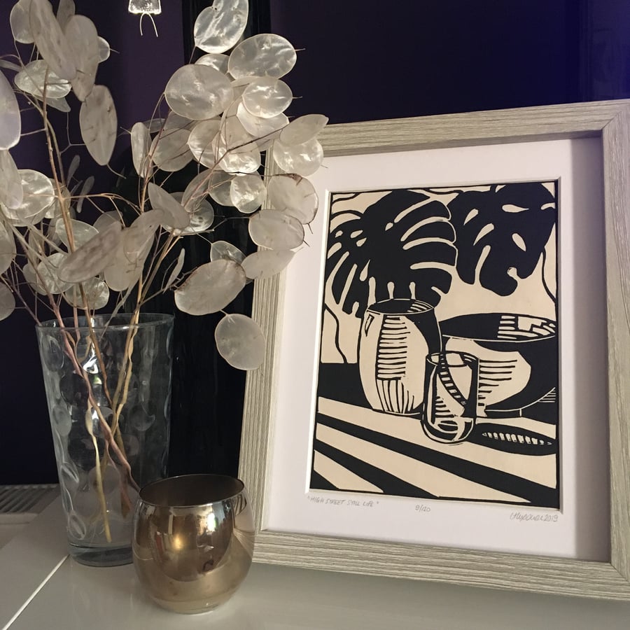 "High Street Still Life"  Linoprint