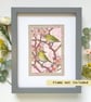 Japanese white-eye birds on spring blossom branches, original bird drawing