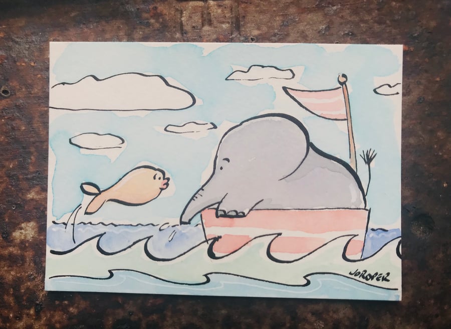 Original Painting elephant sailing with goldfish  pink  ACEO Jo Roper