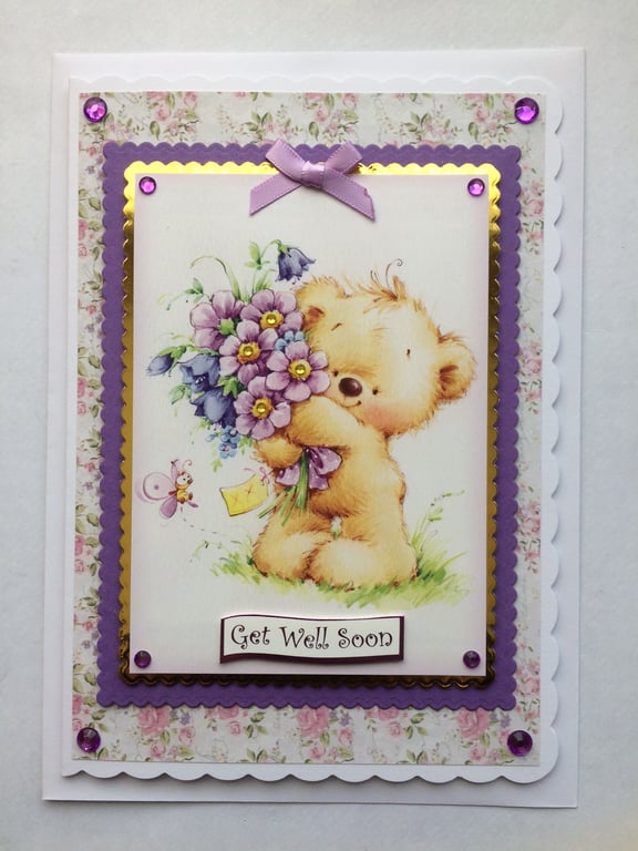 Get Well Card Cute Teddy Bear Get Well Soon Flowers Bouquet Gems