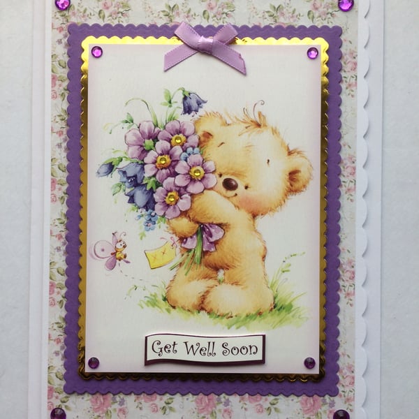 Get Well Card Cute Teddy Bear Get Well Soon Flowers Bouquet Gems