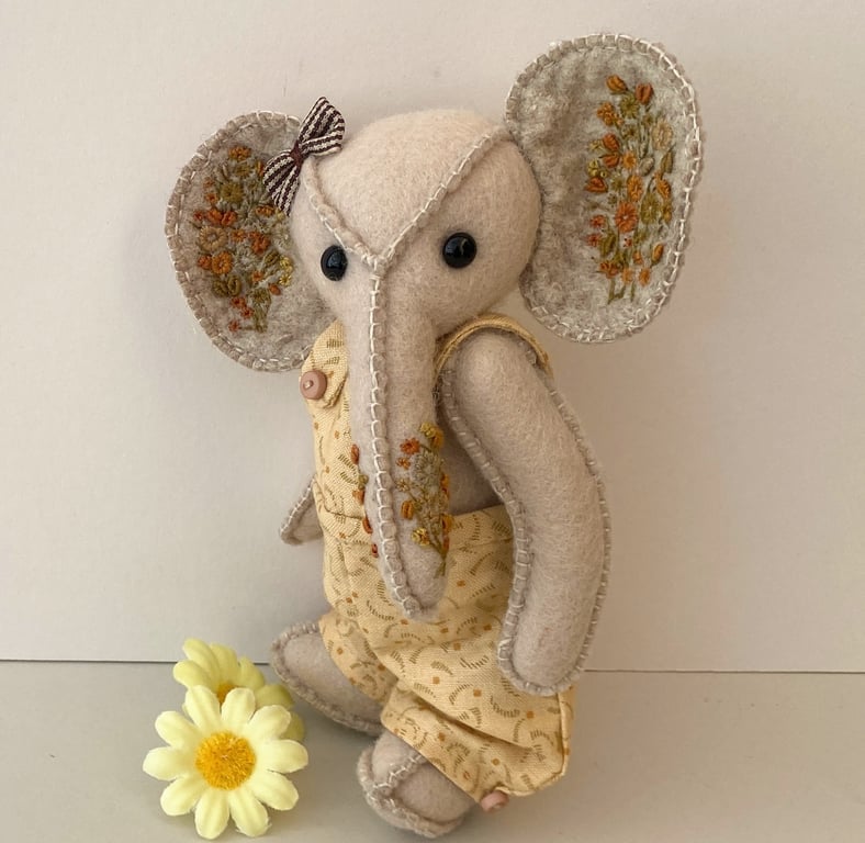 Elephant, hand embroidered elephant, one of a kind collectable artist bear 