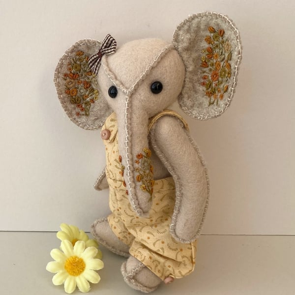 Elephant, hand embroidered elephant, one of a kind collectable artist bear 