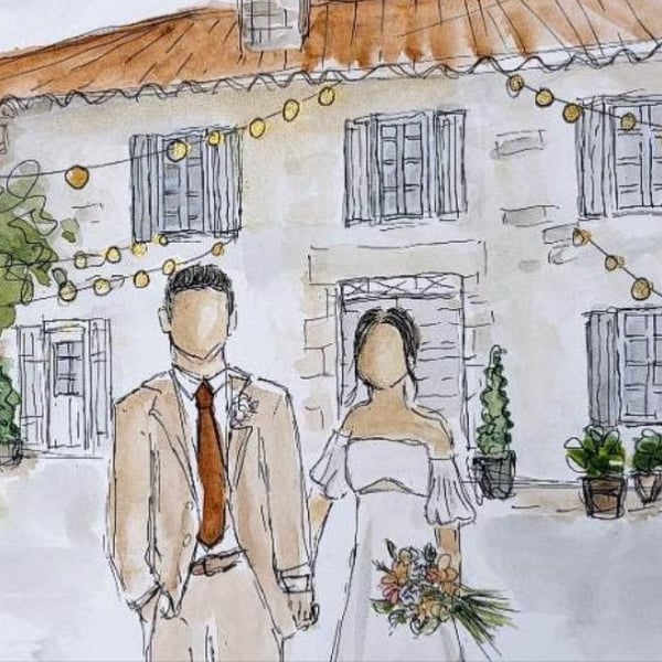 A4 Custom wedding illustration, faceless couple watercolour 