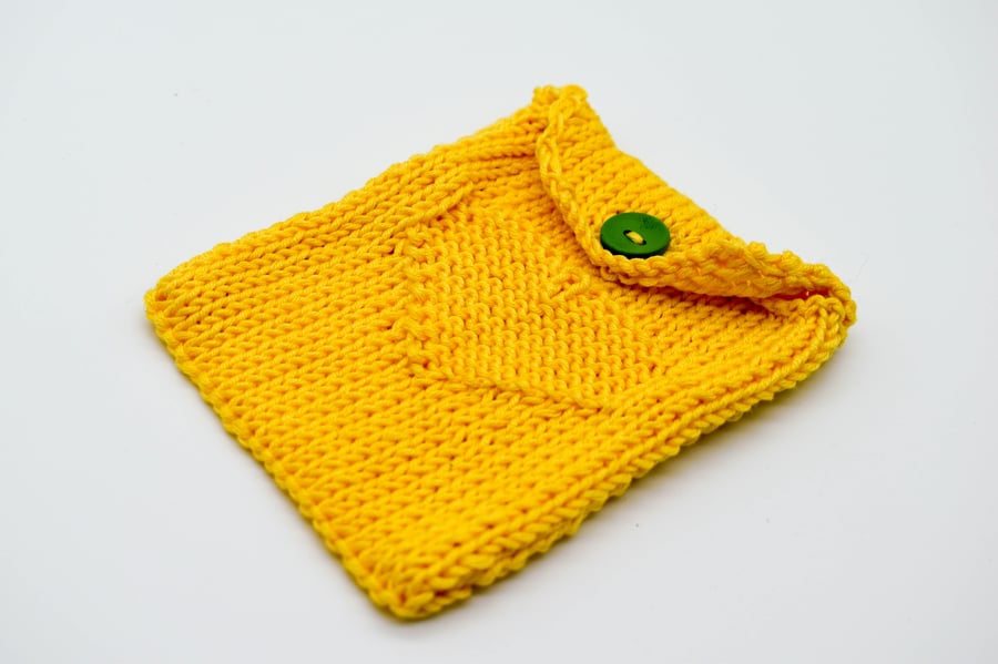 SOLD - Hand knitted heart design pouch in Yellow