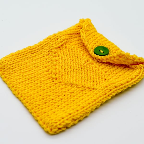 Hand knitted heart design pouch in Yellow