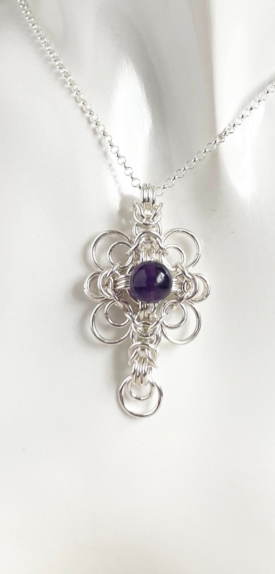 Amethyst Sterling Silver Chainmaille Pendant with an 18 or 20 Inch Chain
