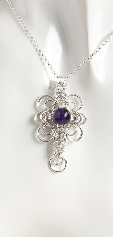 Amethyst Sterling Silver Chainmaille Pendant with an 18 or 20 Inch Chain