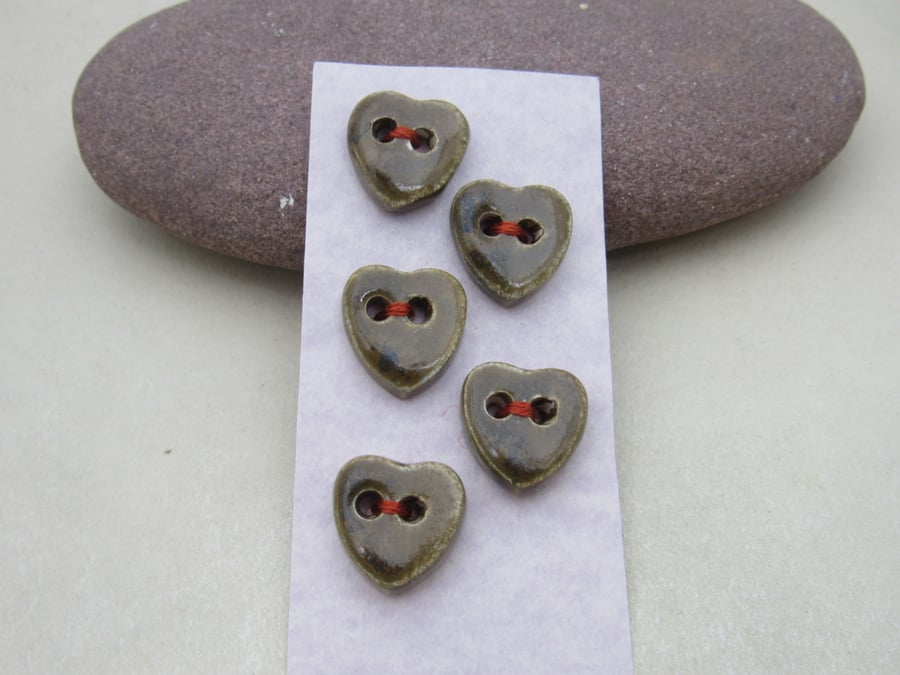 5 Small Heart Shaped Stormy Olive Ceramic Buttons