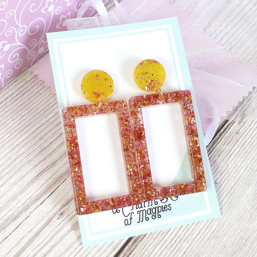 Sparkly pink and gold earrings with yellow studs, unusual colourful earrings    