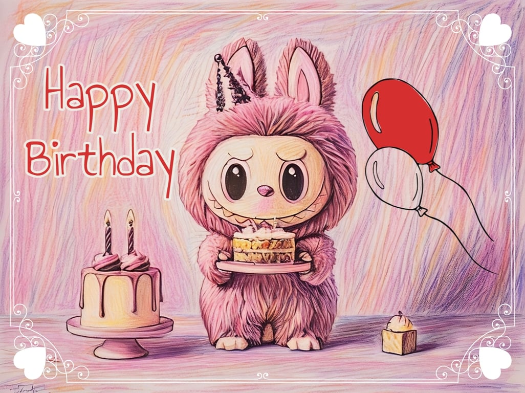 Happy Birthday Cute Pink Monster Elf Card A5