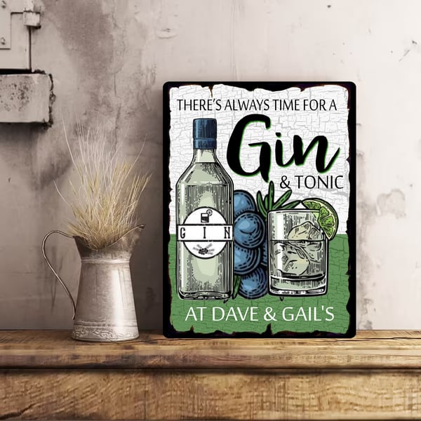 PERSONALISED Retro Vintage Always Time for Gin & Tonic Metal Wall Sign Gift Pres