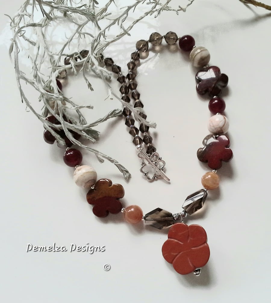 Jasper, Smokey Quartz,  Agate,  Mookite & Carnelian Tibetan Silver Necklace