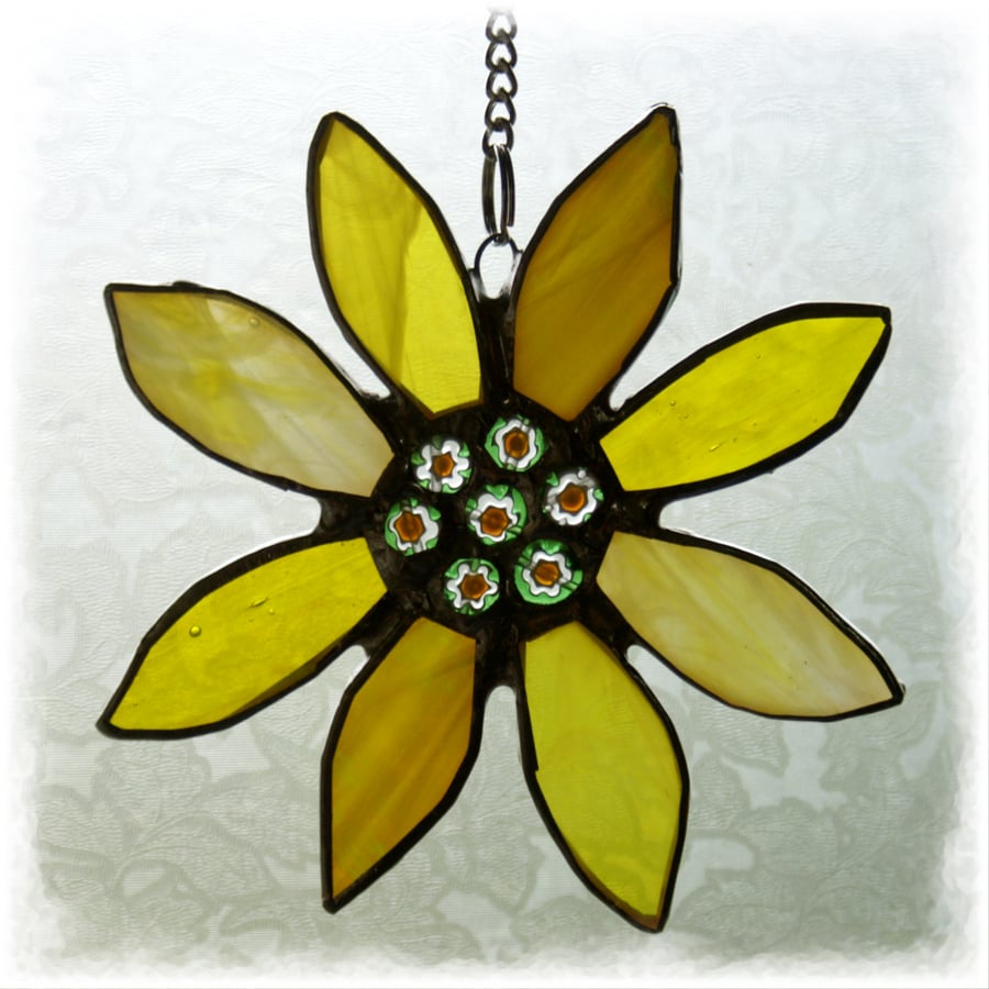 Sunflower Suncatcher Handmade Stained Glass Golden Yellow