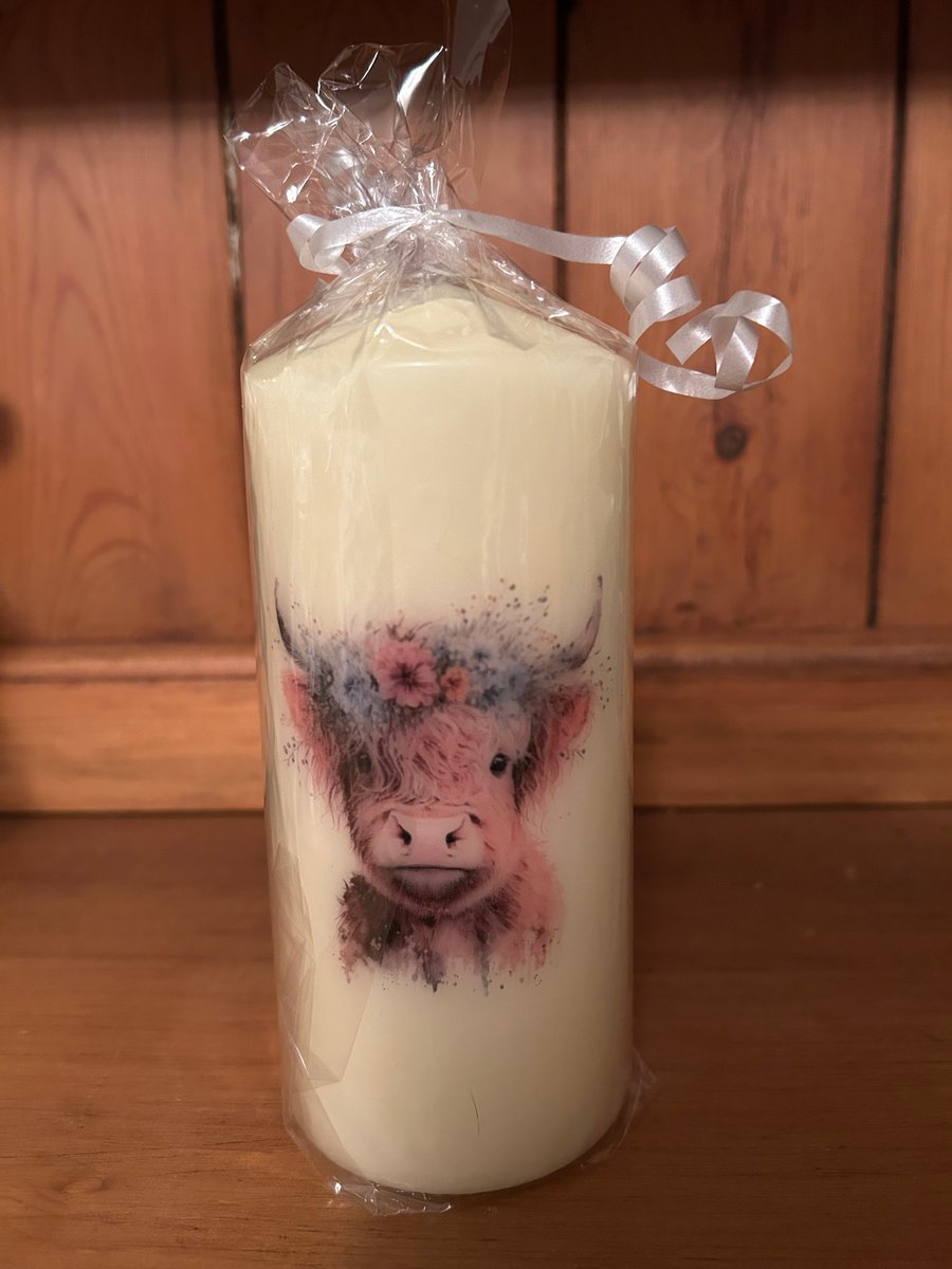 Handmade decoupage floral Highland Cow pillar candle 16x7cm