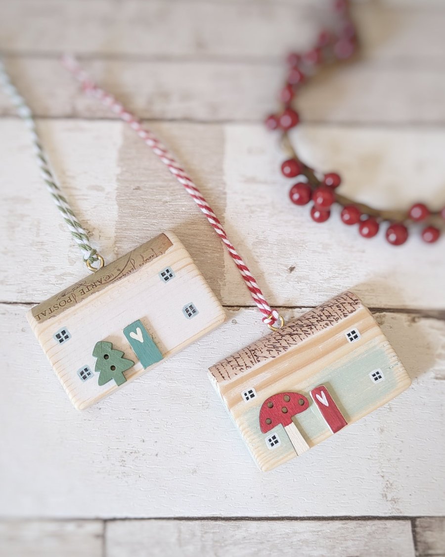 Set of 2 Wooden Festive House Hanging Decorations