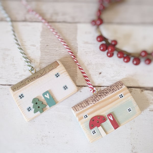 Set of 2 Wooden Festive House Hanging Decorations