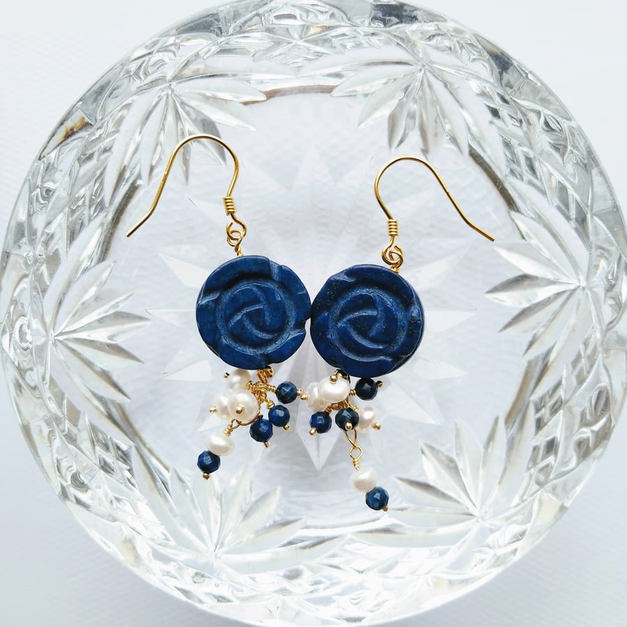 Navy Lapis Lazuli Carved Flower & White Freshwater Pearl Drop Gold Earrings